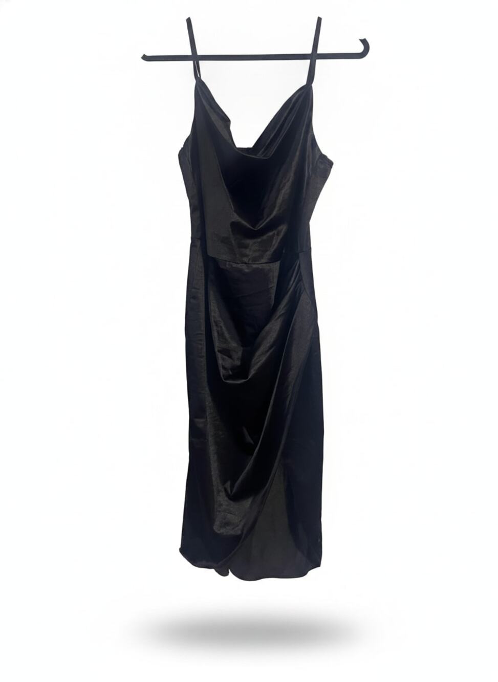 Black Satin Cowl Neck Midi Dress Womens Size S Party Cocktail Slip Draped